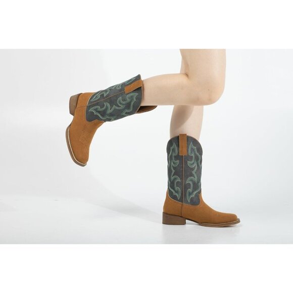 SheSole Woman Green Square Toe TwoTone Cowboy Boots Cowgirl Riding Western - Picture 3 of 6